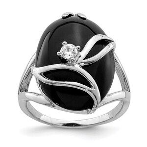 925 Sterling Silver Genuine Fine Jewelry Rhodium-plated Onyx & CZ Ring